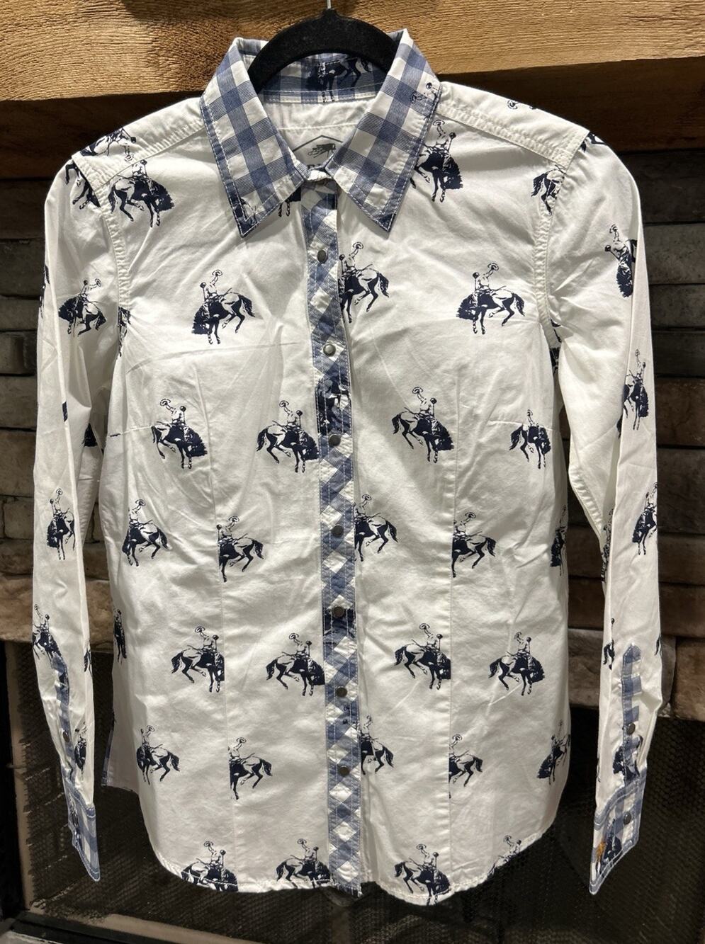Women’s BARN FLY TRADING Bronco AOP Western Pearl Snap Shirt Size S *A3